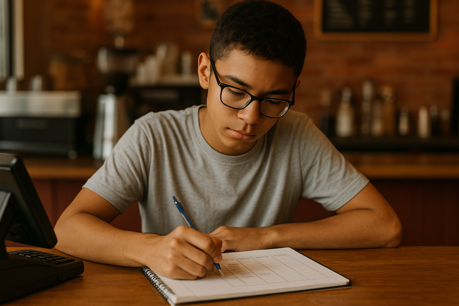 Teen boy budgeting at a cafe